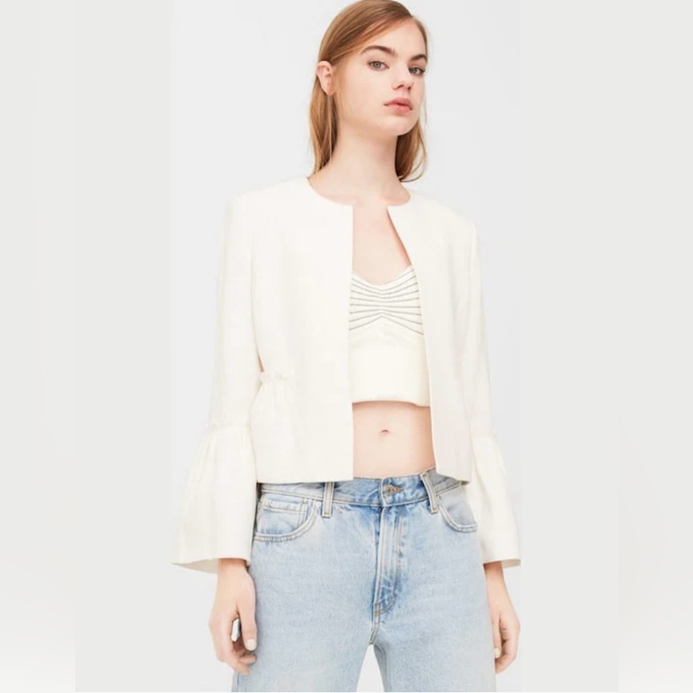 Mango White Peplum Flounce Cuffs Collarless Open Jacket, Size S